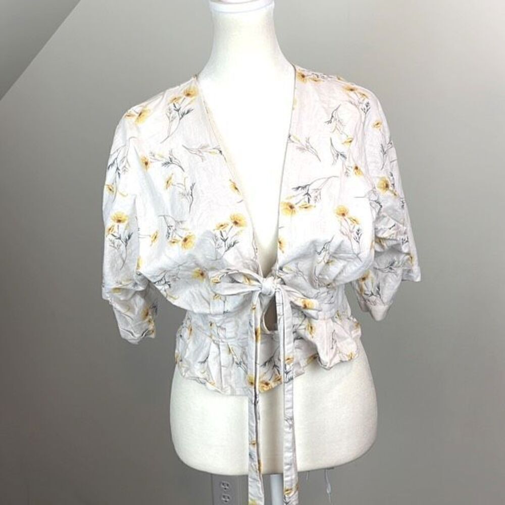 Happy Nature Linen Blend Floral Tye Short Sleeve Blouse Size Small